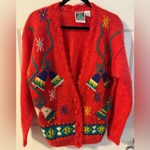 VTG Mohair 90s Festive Ugly Christmas Sweater Grannycore Red Button Up Cardigan
